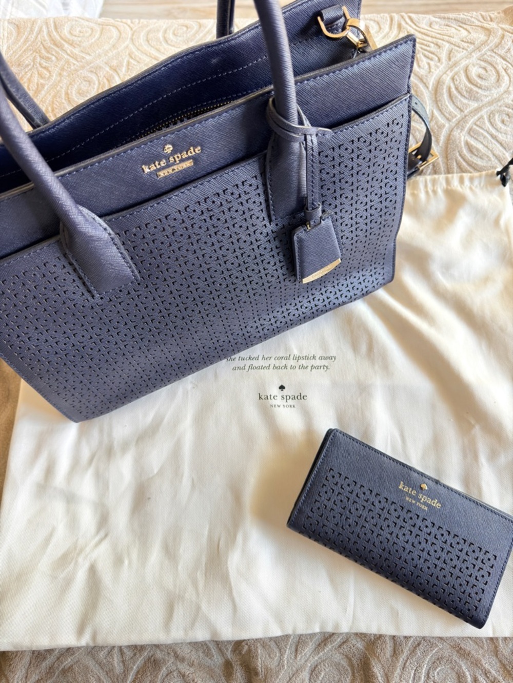 kate spade Navy Perforated Saffiano Satchel with Matching Wallet